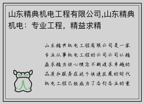 山东精典机电工程有限公司,山东精典机电：专业工程，精益求精